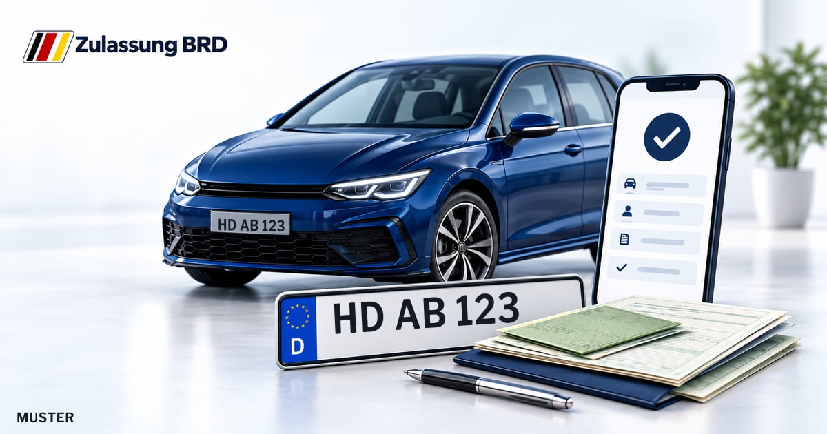 Online Fahrzeugzulassung in Dossenheim: Musterkennzeichen HD AB 123, Auto und Fahrzeugpapiere und Smartphone. Illustration mit Logo von Zulassung BRD.